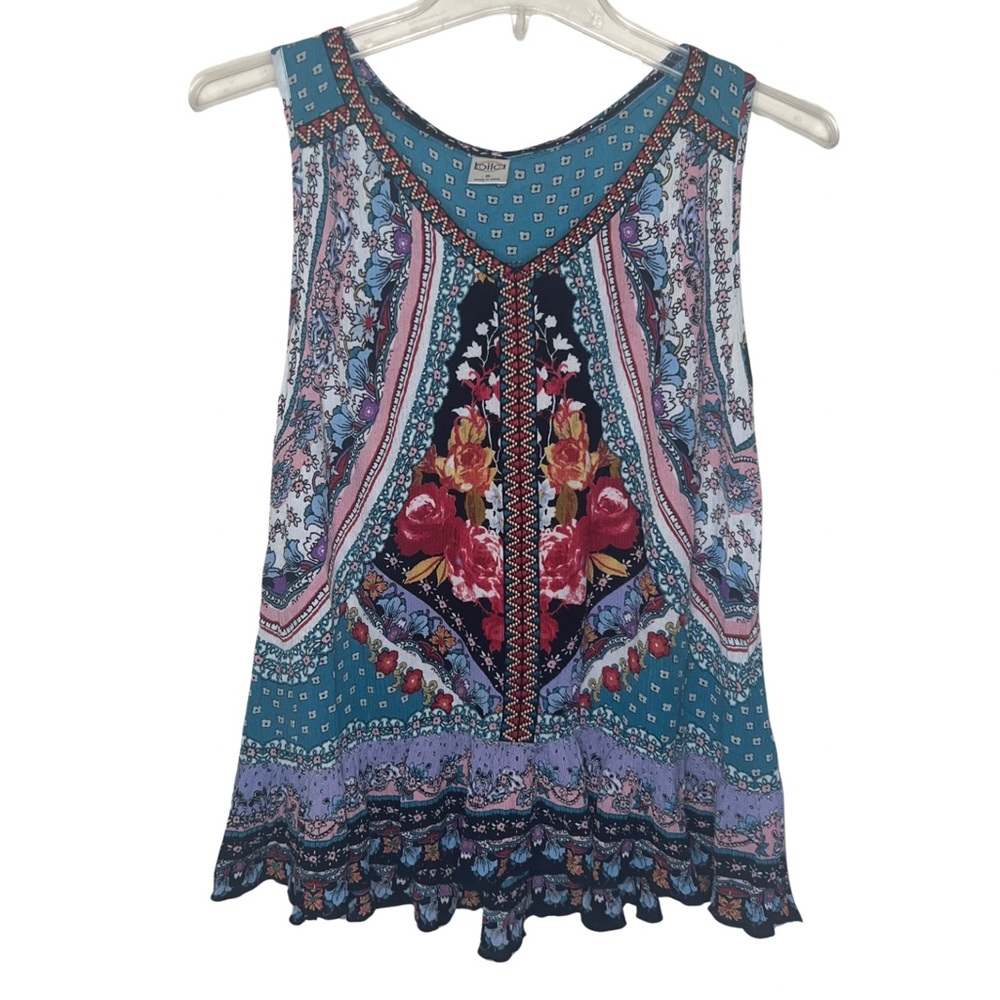 Bila Teal Floral Print Tank Top with Pink and Red Accents